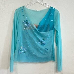 BCBG Vtg Y2K Teal Mesh Overlay Sequin Embroidered Top size L NWT
